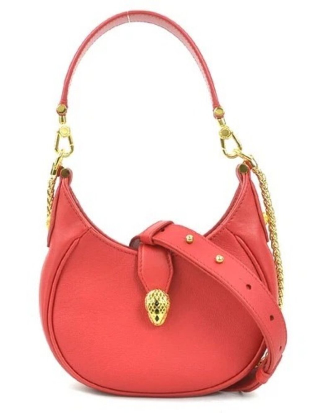 Auth BVLGARI Serpenti Handbag Shoulder Bag Red Leather/Goldtone - 56070a
